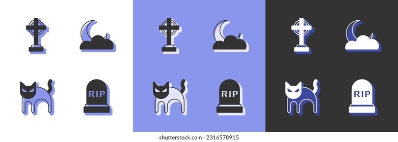 Set Tombstone with RIP written, cross, Black cat and Moon and stars icon. Vector