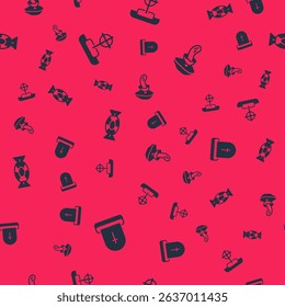 Set Tombstone with RIP written, cross, Candy and Psilocybin mushroom on seamless pattern. Vector
