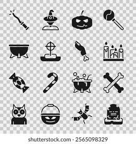 Set Tombstone with RIP written, Crossed bones, Burning candle, Pumpkin, cross, Halloween witch cauldron, Magic wand and Zombie finger icon. Vector