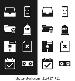 Set Tombstone with RIP written, Delete folder, Social media inbox, Dead mobile, Floppy disk the 5.25-inch and file document icon. Vector