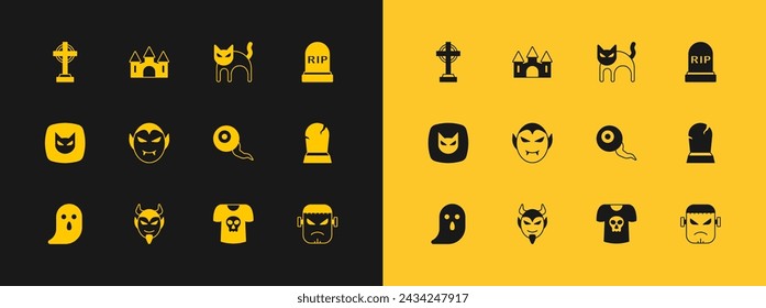 Set Tombstone with RIP written, Devil head, Eye, Shirt skull, Vampire, Black cat, cross and Castle icon. Vector