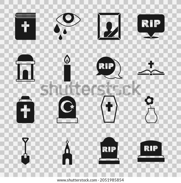 Set Tombstone with RIP written,\
Flower in vase, Holy bible book, Mourning photo frame, Burning\
candle, Old crypt,  and Speech bubble rip death icon.\
Vector