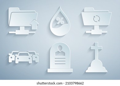 Set Tombstone with RIP written, FTP sync refresh, Cars, cross, Water drop percentage and folder upload icon. Vector