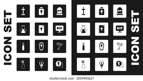Coloca Tombstone con QEPD escrito, Libro de la Biblia Sagrada, Ángel, Cruz de Tumba, Muerte de la garganta de la burbuja del habla, Canto funerario, Flor y ardiente icono de la vela. Vector