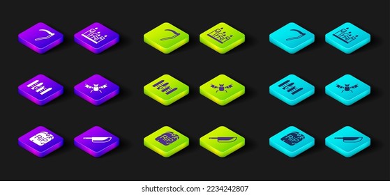 Set Tombstone with RIP written, Knife, Garden fence wooden, Flying bat, Burning candle and Scythe icon. Vector