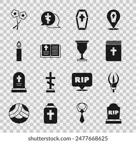 Set Tombstone with RIP written, Lily flower, Holy bible book, Coffin cross, Burning candle, Flower and Christian chalice icon. Vector