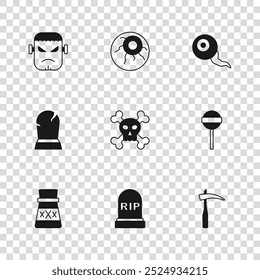 Set Tombstone mit RIP geschrieben, Lollipop, Scythe, Totenkopf Kreuzbeine, Auge, Frankenstein Gesicht und Symbol. Vektorgrafik