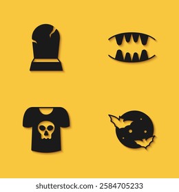 Set Tombstone with RIP written, Moon and stars, Shirt skull and Vampire teeth icon with long shadow. Vector