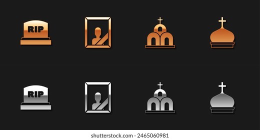 Set Tombstone with RIP written, Mourning photo frame, Church building and tower icon. Vector