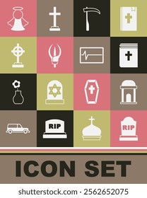 Set Tombstone with RIP written, Old crypt, Holy bible book, Scythe, Lily flower, Grave cross, Angel and Beat dead in monitor icon. Vector