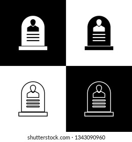 Set Tombstone with RIP written on it icons isolated on black and white background. Grave icon. Line, outline and linear icon. Vector Illustration