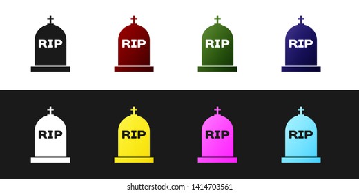 Set Tombstone with RIP written on it icon isolated on black and white background. Grave icon. Vector Illustration