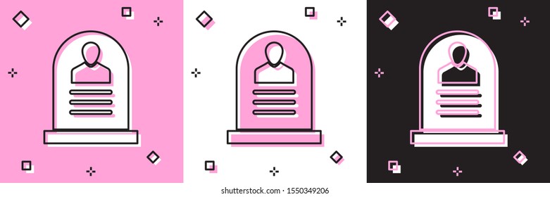 Set Tombstone with RIP written on it icon isolated on pink and white, black background. Grave icon.  Vector Illustration