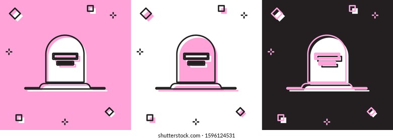 Set Tombstone with RIP written on it icon isolated on pink and white, black background. Grave icon.  Vector Illustration