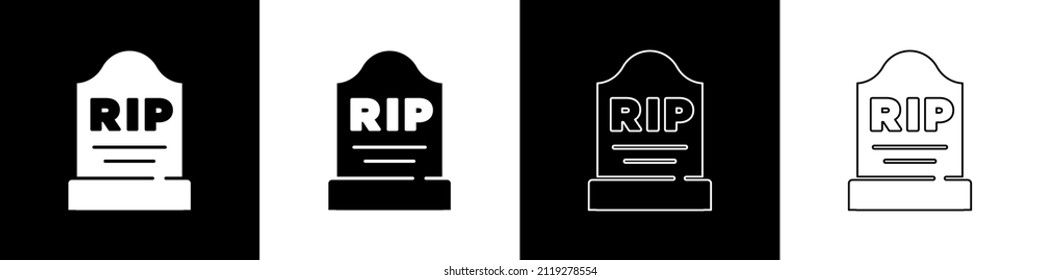 Set Tombstone with RIP written on it icon isolated on black and white background. Grave icon.  Vector