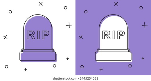 Establecer Lápida con RIP escrito en él icono aislado en el fondo blanco y púrpura. Icono de tumba. Feliz Halloween.  Vector