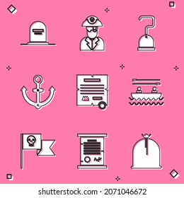 Set Tombstone with RIP written, Pirate captain, hook, Anchor, Decree, parchment, scroll, Boat oars, flag skull and  icon. Vector