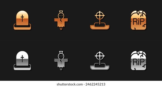 Set Tombstone with RIP written, Scarecrow, cross and  icon. Vector