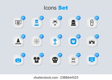 Set Tombstone with RIP written, Spider web, Bottle potion, Pumpkin, Happy Halloween holiday, Castle,  and cross icon. Vector