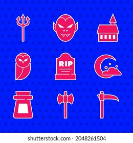 Set Tombstone with RIP written, Wooden axe, Scythe, Moon and stars, Bottle potion, Owl, Castle and Neptune Trident icon. Vector