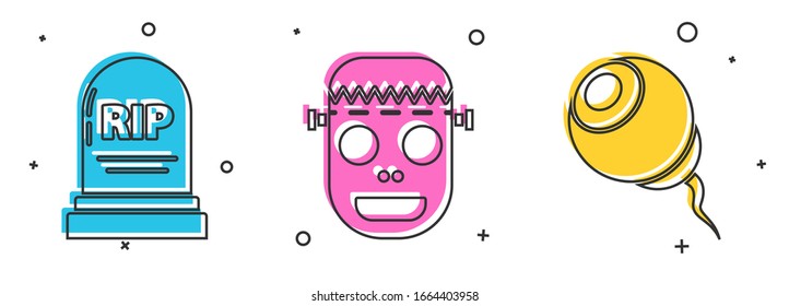 Set Tombstone with RIP, Zombie mask  and Eye  icon. Vector