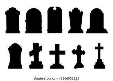 Set of tombstone silhouettes isolated on white background
