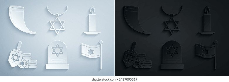 Set Grabstein mit Davidstern, Brennende Kerze in Kerzenständer, Chanukka dreidel Münze, Flagge Israel, Star David Kette und traditionelles Rammhorn, Shofar Ikone. Vektor
