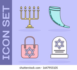 Set Tombstone with star of david, Hanukkah menorah, Shopping bag with star of david and Traditional ram horn, shofar icon. Vector