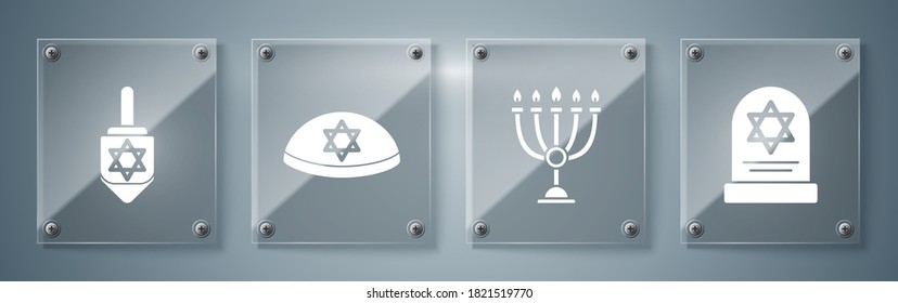 Set Tombstone with star of david, Hanukkah menorah, Jewish kippah with star of david and Hanukkah dreidel. Square glass panels. Vector