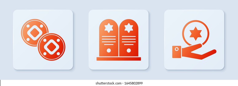 Set Tombstone with star of david, Jewish coin and Jewish coin on hand. White square button. Vector