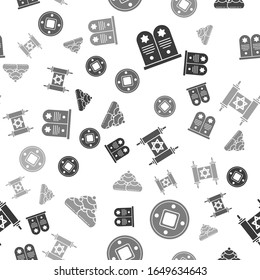 Set Tombstone with star of david, Jewish coin, Torah scroll and Jewish sweet bakery on seamless pattern. Vector