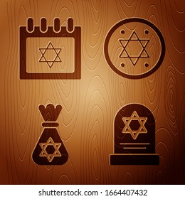 Set Tombstone with star of david, Jewish calendar with star of david, Jewish money bag with star of david and Jewish coin on wooden background. Vector
