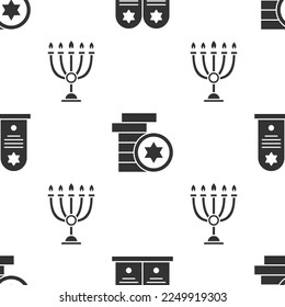 Set Tombstone with star of david, Jewish coin and Hanukkah menorah on seamless pattern. Vector