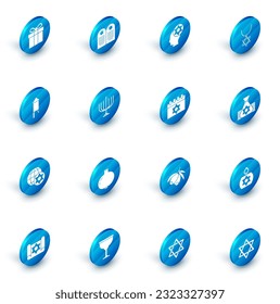 Set Tombstone with star of david, Orthodox jewish hat, Star David necklace chain, Firework rocket, World Globe and Israel, Hanukkah menorah, Jewish money bag and calendar icon. Vector