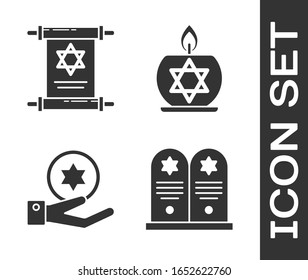 Set Tombstone with star of david, Torah scroll, Jewish coin on hand and Burning candle in candlestick with star of david icon. Vector