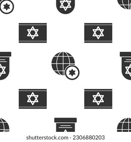 Set Tombstone with star of david, World Globe and Israel and Flag of Israel on seamless pattern. Vector