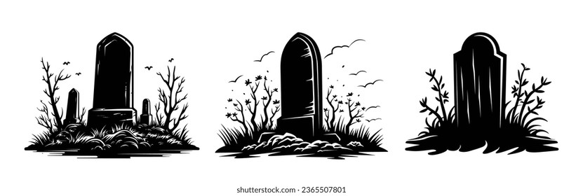 Set of tombstones with different forms. Collection of gravestones. Isolated on white. Vector illustration.