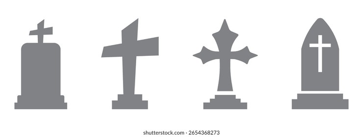 Set of tombstones with different forms. Collection of gravestones. Isolated on white. Vector illustration.
