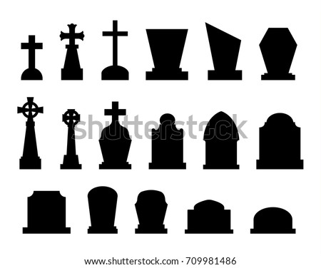 Set of tombstones with different forms. Collection of gravestones. Isolated on white. Vector illustration.