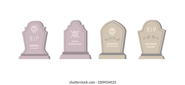 Set of tombstones halloween spooky elements, cemetery objets flat vector illustration