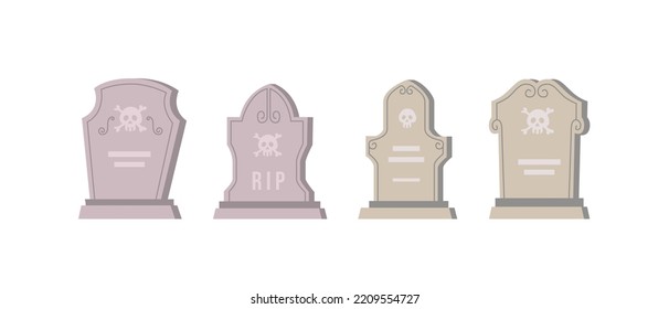 Set of tombstones halloween spooky elements, cemetery objets flat vector illustration