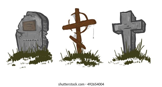 Set of Tombstones are made from stone and wood and looking very old, vector.