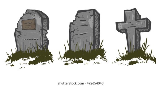 Set of Tombstones are made from stone and wood and looking very old, vector.