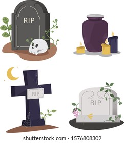 Set of tombstones on the grave. Collection of monument shape with rip text and funeral urn. Vector illustration on a white background.