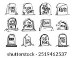 Set of Tombstones Stock Illustration. Halloween Grave Stone with Message. Rip tomb grave stone sketch icon