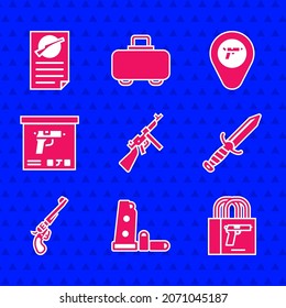 Set Tommy Gun, Gun Magazine And Bullets, Buying Pistol, Military Knife, Revolver, Ammunition Box, Location With Weapon And Firearms License Certificate Icon. Vector