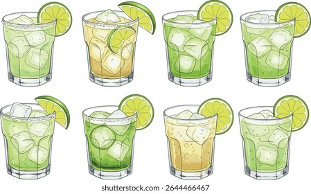 Conjunto de coquetéis Margarita de Tommy com cunhas de cal e cubos de gelo em óculos transparentes curtos. Ilustração em aquarela sobre fundo preto. Bebidas sortidas de tequila e cal