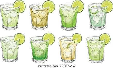 Conjunto de coquetéis Margarita de Tommy com cunhas de cal e cubos de gelo em óculos transparentes curtos. Ilustração em aquarela sobre fundo preto. Bebidas sortidas de tequila e cal