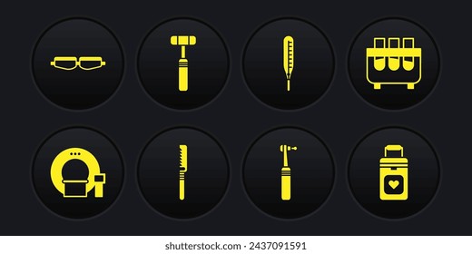 Set Tomography, Test tube and flask, Medical saw, Tooth drill, thermometer, Neurology reflex hammer, Organ container and Safety goggle glasses icon. Vector