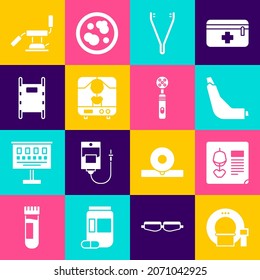 Set Tomography, X-ray shots, Inhaler, Medical tweezers, machine, Stretcher, dental chair and Electric toothbrush icon. Vector